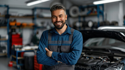 Smiling mechanic standing confidently in an auto repair workshop, with cars and tools in the background, showcasing professionalism.