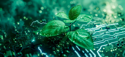 Tree growing on computer circuit board. Blue light background. Green Computing, Green Technology, Green IT, CSR IT. Eco Technology Banner