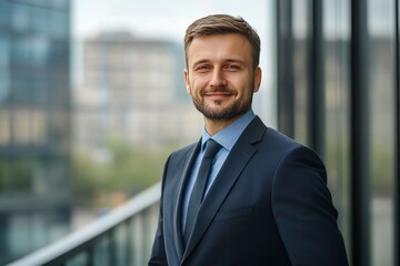Fototapeta premium Handsome 30s top manager portrait in formal suit. Successful entrepreneur look camera. Confident business man smile. Young male businessman face. Urban city background. 40s employee work, ai