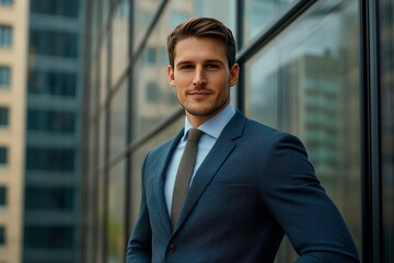 Fototapeta premium Handsome 30s top manager portrait in formal suit. Successful entrepreneur look camera. Confident business man smile. Young male businessman face. Urban city background. 40s employee work, ai