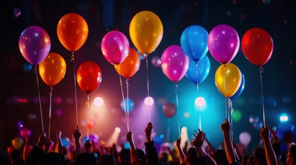 Colorful balloons rising in a lively party crowd