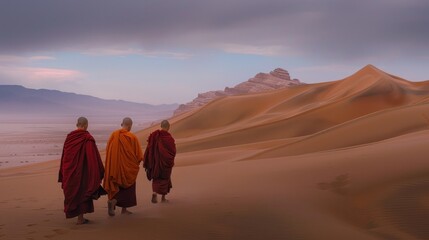 Fototapeta premium Three Buddhist monks walking across a serene desert landscape under an overcast sky, with distant mountains and sand dunes surrounding them - AI Generated Digital Art.