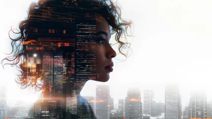 Double exposure portrait of female with night city skyline.  © theevening