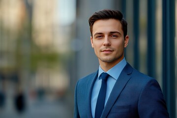 Fototapeta premium Handsome 30s top manager portrait in formal suit. Successful entrepreneur look camera. Confident business man smile. Young male businessman face. Urban city background. 40s employee work, ai