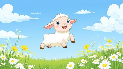 Obraz premium Cute cartoon lamb leaping through a meadow with room for writing in the blue sky