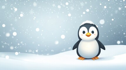 Fototapeta premium Cute cartoon penguin waddling in the snow with space for text in the background