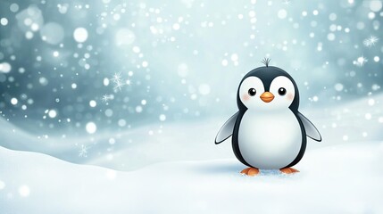 Fototapeta premium Cute cartoon penguin waddling in the snow with space for text in the background
