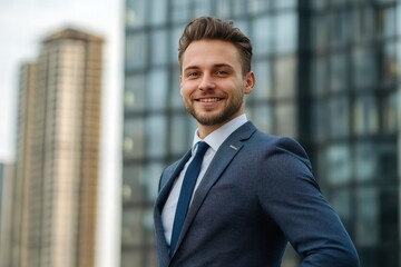 Fototapeta premium Handsome 30s top manager portrait in formal suit. Successful entrepreneur look camera. Confident business man smile. Young male businessman face. Urban city background. 40s employee work, ai