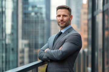 Fototapeta premium Handsome 30s top manager portrait in formal suit. Successful entrepreneur look camera. Confident business man smile. Young male businessman face. Urban city background. 40s employee work, ai