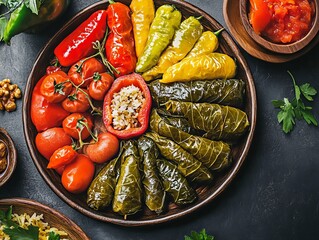 A Dolma. The most popular Turkish dishes. Vegetables such as peppers, tomatoes, or grape leaves...