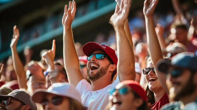 Group people baseball stadium their hands raised air Excited fans