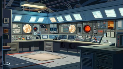 Obraz premium Futuristic Control Room with Advanced Technology Displays and Instrumentation