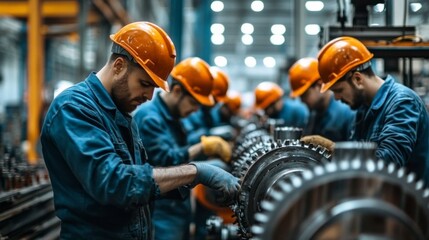 Group workers factory workshop They are all wearing Collaborative Efforts: Industrial Engineers