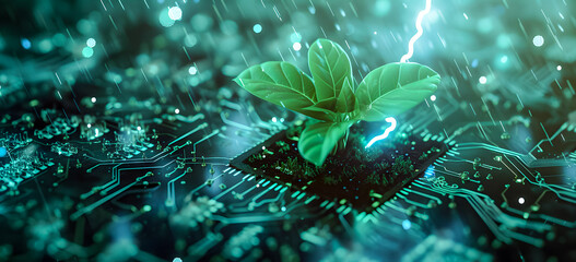 Tree growing on computer circuit board. Blue light background. Green Computing, Green Technology, Green IT, CSR IT. Eco Technology Banner