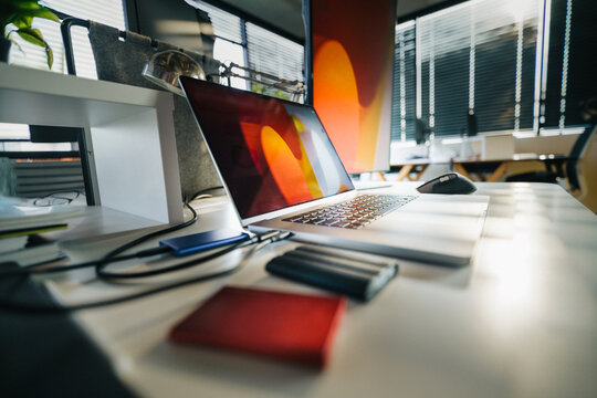 Laptop ssd storage backup. Project files security data encryption. Office space equipment.