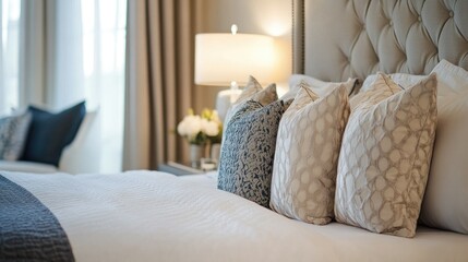 A beautifully arranged bedroom with decorative pillows, soft lighting, and space for copy or text