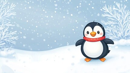 Playful cartoon penguin sliding on ice with space for writing in the snowy background