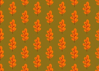 Dry autumn leaves. Pattern with yellow fallen leaves. Orange autumn leaves on a green background. Golden season. Oak leaves.