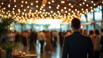 Large open space high ceiling string lights hanging Blurred background of party