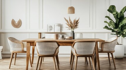 Obraz premium A cozy dining room with modern chairs, a wooden table, and decorative elements, providing space for text