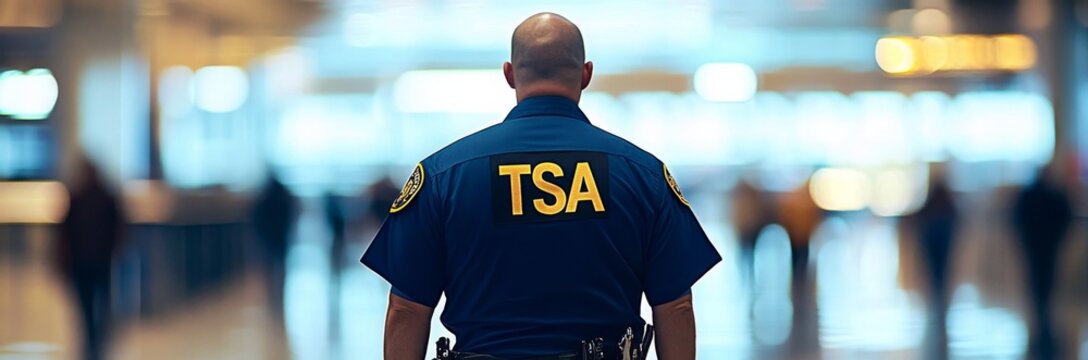 Man wearing blue uniform letters "TSA" back He TSA Officer Walking Through