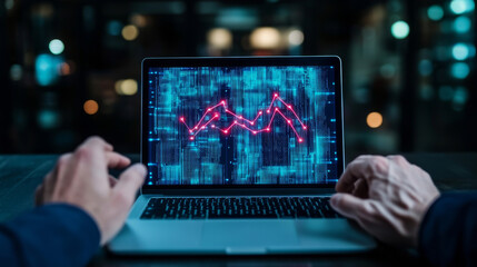 Fototapeta premium A person's hands rest on a laptop, the screen displays a red line graph on a blue background.