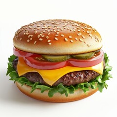 3D graphic of a juicy cheeseburger with lettuce, tomato, and pickles, rendered realistically on white
