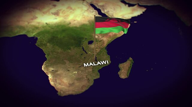 The Flag of Malawi on the World Map, Malawi map with flag 3d animation