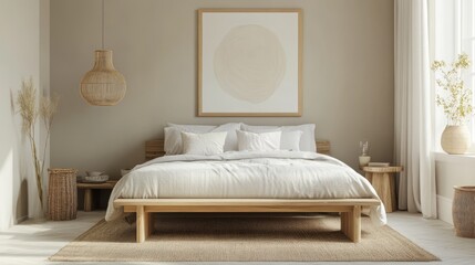 Serene Scandinavian Bedroom: Low Bed, Light Wood, & Monochromatic Calm