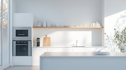 A minimalist kitchen with clean countertops and modern appliances, leaving ample space for text or branding
