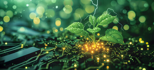 Tree growing on computer circuit board. Blue light background. Green Computing, Green Technology, Green IT, CSR IT. Eco Technology Banner