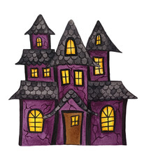 Watercolor haunted purple house with lighted windows isolated on white background.