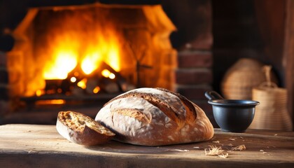 Freshly baked artisanal bread beautifully arranged on a rustic kitchen countertop setting