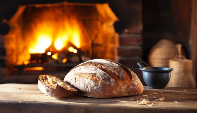 Freshly baked artisanal bread beautifully arranged on a rustic kitchen countertop setting
