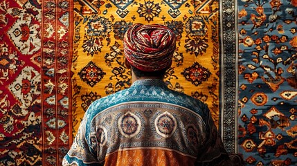 Fototapeta premium Man in Turban Admiring Hand-Woven Rugs