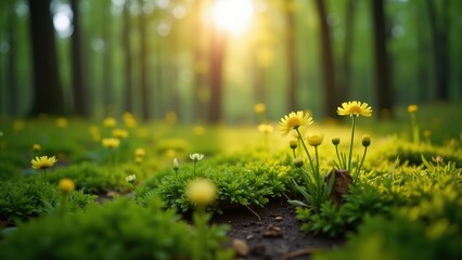 Close-Up of Tiny Flowers and Bright Green Grass on a Forest Floor with Sunlight Filtering Through Trees