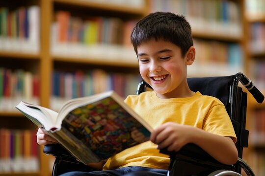 Young boy wheelchair reading book library He is Happy disabled mixed