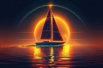 A sailboat sails on calm waters, silhouetted by a radiant glowing sunset in a futuristic, neon-lit environment.
