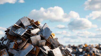 Heap of scrap metal ready for recovery, industrial recycling plant, 3D illustration