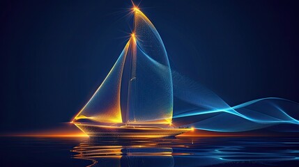 A futuristic sailboat with glowing neon sails drifts across reflective water, surrounded by dynamic blue and yellow light waves.
