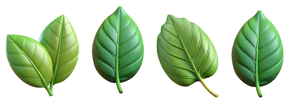 Set of 3d green leave isolated on transparent background, cut out