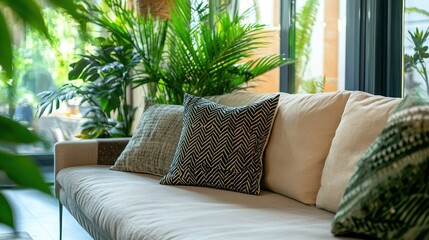 A well-organized living space with a sofa, plants, and decorative pillows, leaving room for copy or tex