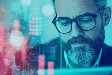 Man looking at screen with data overlay