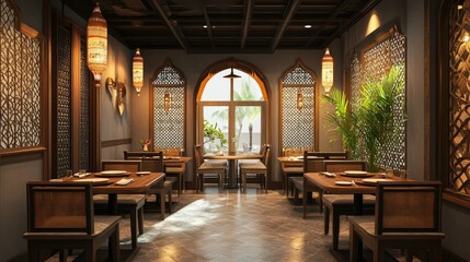 Fototapeta premium An elegantly decorated South Asian restaurant with empty tables, providing space for text or promotional content