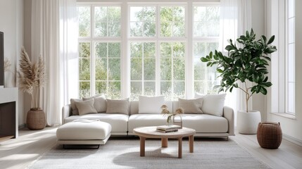 Bright and airy living room with large windows, modern decor, and copy space around