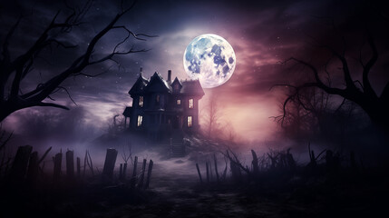Spooky Abandoned House with Full Moon and Foggy Night Sky Background