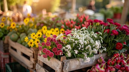 Colorful farmer s market featuring fresh fruits, vegetables, and beautiful flower arrangements