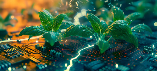 Tree growing on computer circuit board. Blue light background. Green Computing, Green Technology, Green IT, CSR IT. Eco Technology Banner