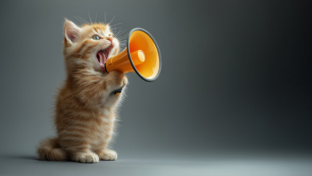 Lustige Katze br&uuml;llt ins Megafon: Witzige Werbung f&uuml;r Aktionen. Niedlicher Fellfreund als aufmerksamkeitsstarker Promoter. Virales Marketing-Potenzial