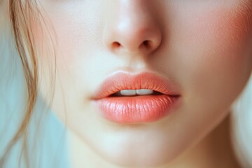 Fototapeta premium Close-up photo of a beautiful young woman's face with fresh and smooth skin and pink lips with a light background _ smooth skin with skin and body care , ai